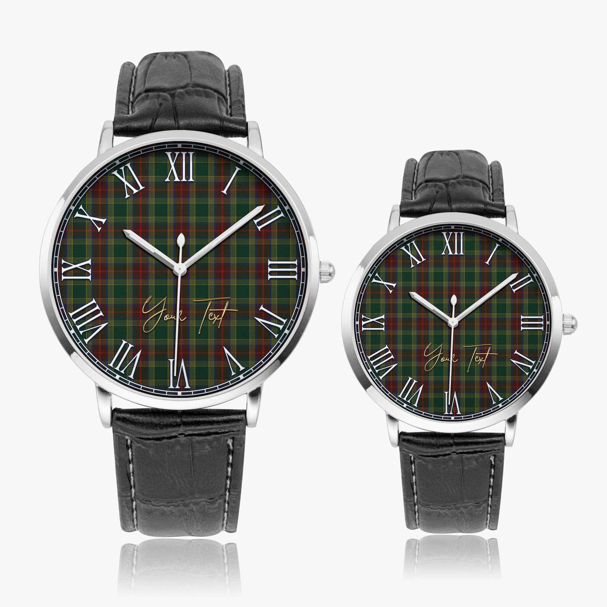 Waterford County Ireland Tartan Personalized Your Text Leather Trap Quartz Watch Ultra Thin Silver Case With Black Leather Strap - Tartanvibesclothing Shop