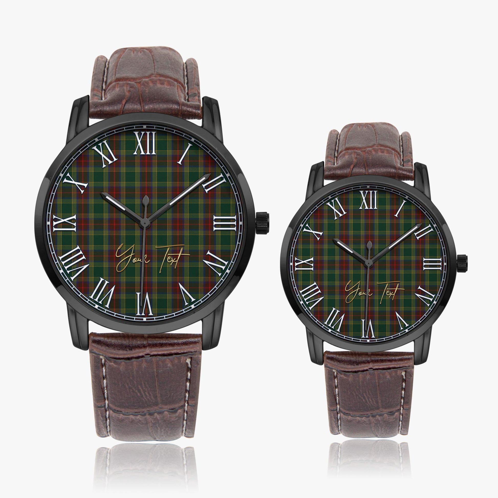 Waterford County Ireland Tartan Personalized Your Text Leather Trap Quartz Watch Wide Type Black Case With Brown Leather Strap - Tartanvibesclothing Shop