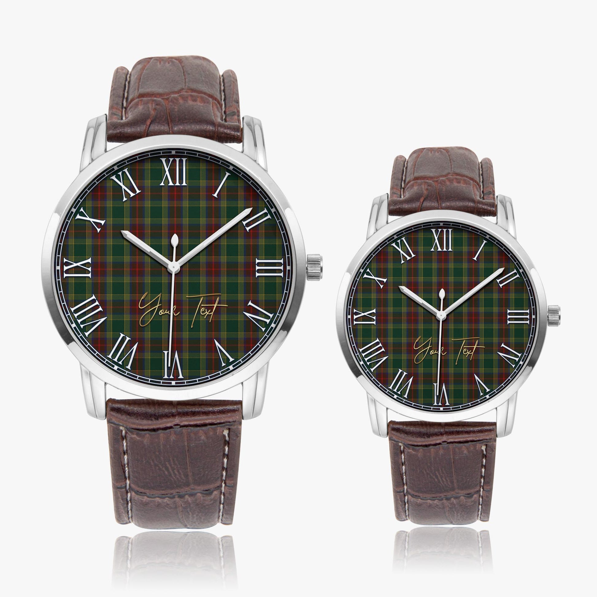 Waterford County Ireland Tartan Personalized Your Text Leather Trap Quartz Watch Wide Type Silver Case With Brown Leather Strap - Tartanvibesclothing Shop
