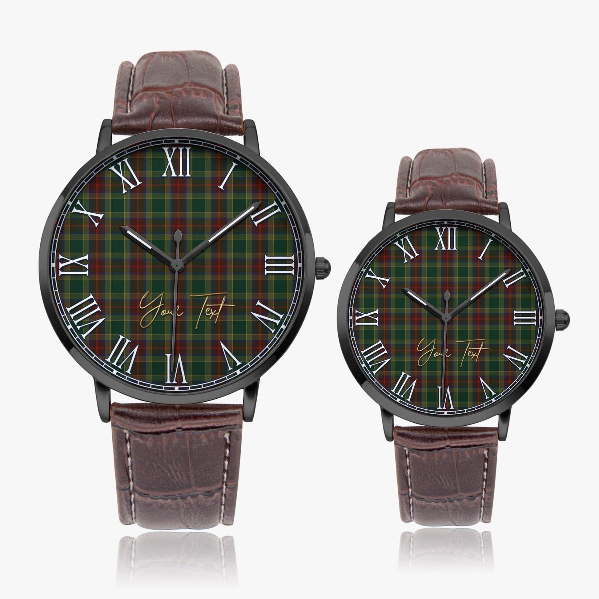 Waterford County Ireland Tartan Personalized Your Text Leather Trap Quartz Watch Ultra Thin Black Case With Brown Leather Strap - Tartanvibesclothing Shop