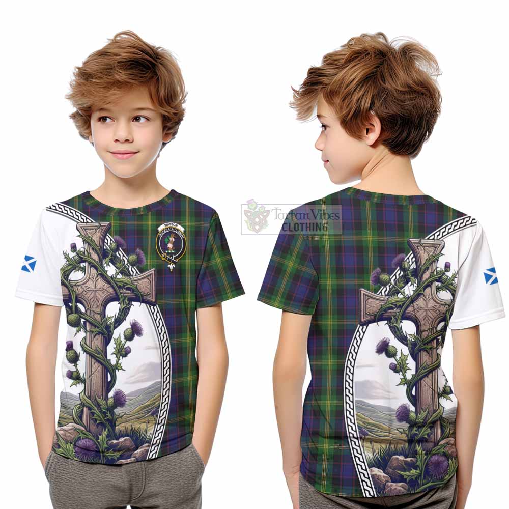 Tartan Vibes Clothing Watson Tartan Kid T-Shirt with Family Crest and St. Andrew's Cross Accented by Thistle Vines