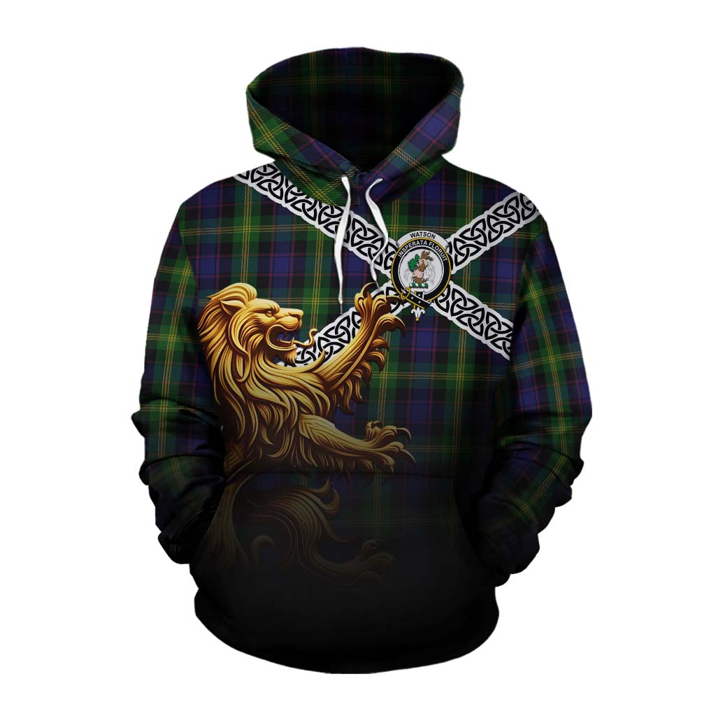 Tartan Vibes Clothing Watson Crest Tartan Cotton Hoodie with Golden Lion Emblem Celtic Style