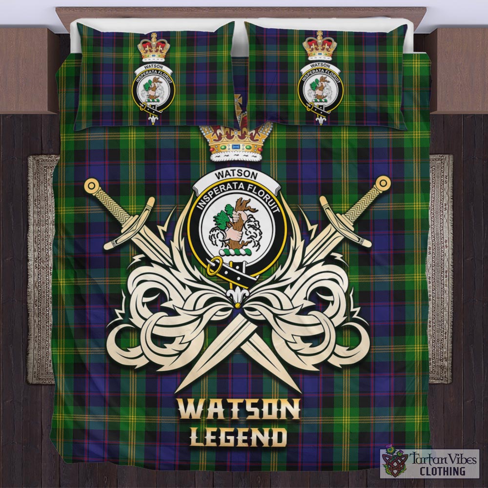 Tartan Vibes Clothing Watson Tartan Bedding Set with Clan Crest and the Golden Sword of Courageous Legacy