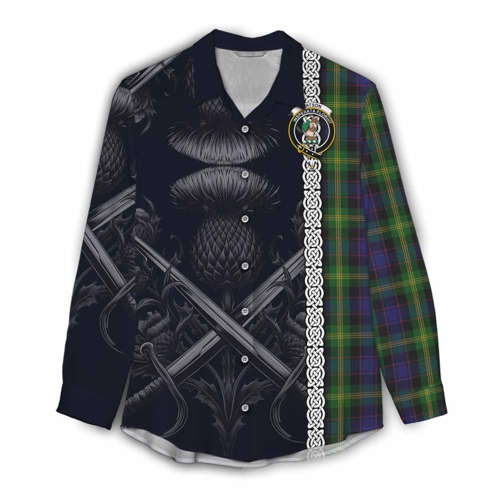 Tartan Vibes Clothing Watson Tartan Women's Casual Shirt with Family Crest Cross Sword Thistle Celtic Vibes