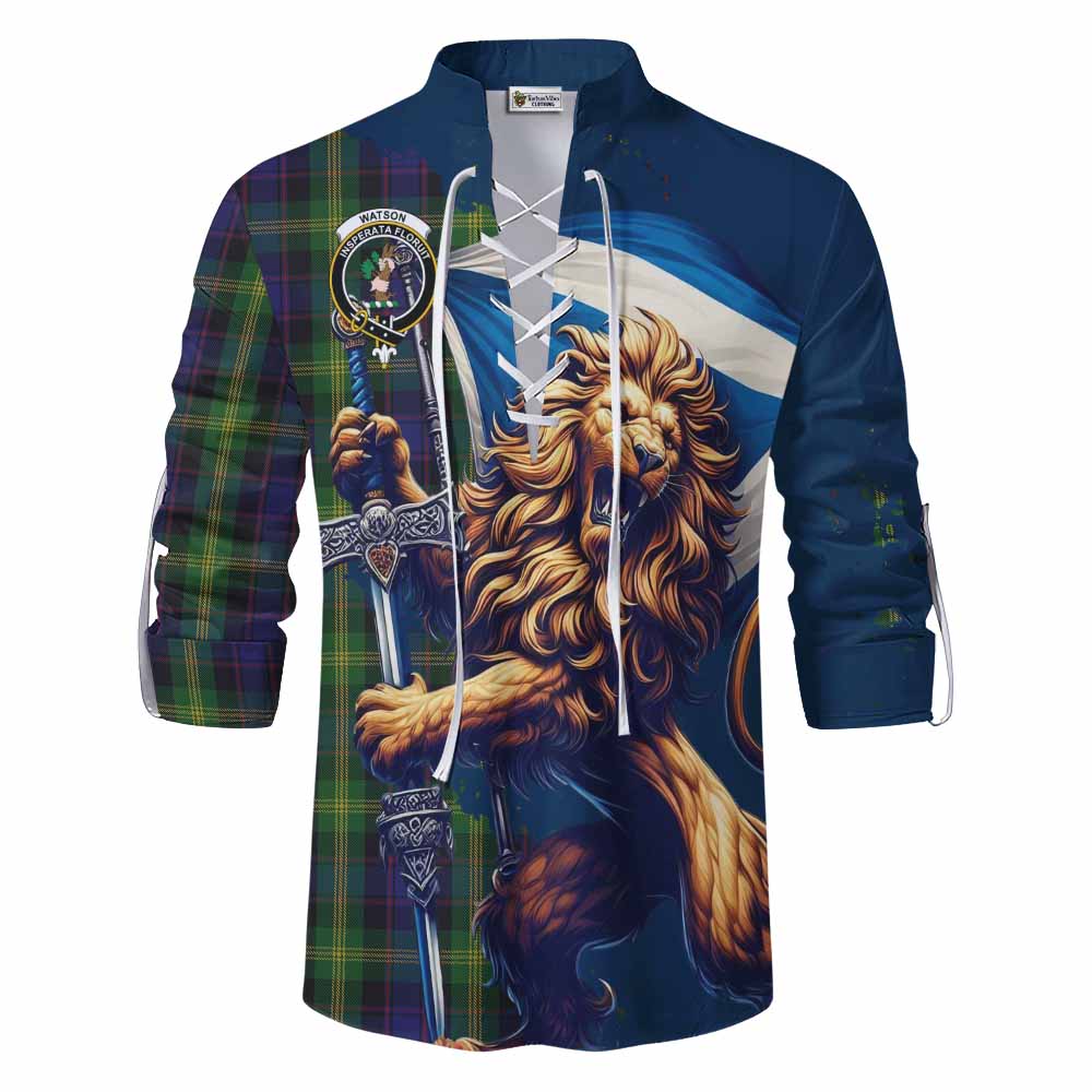 Tartan Vibes Clothing Watson Tartan Family Crest Ghillie Kilt Shirt with Scottish Majestic Lion