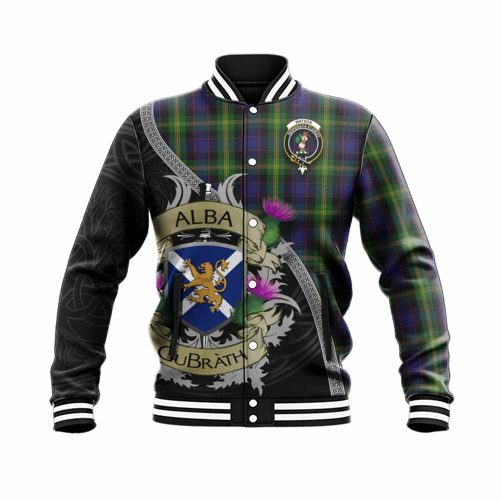 Tartan Vibes Clothing Watson Tartan Family Crest Baseball Jacket Lion Rampant Royal Thistle Shield Celtic Inspired