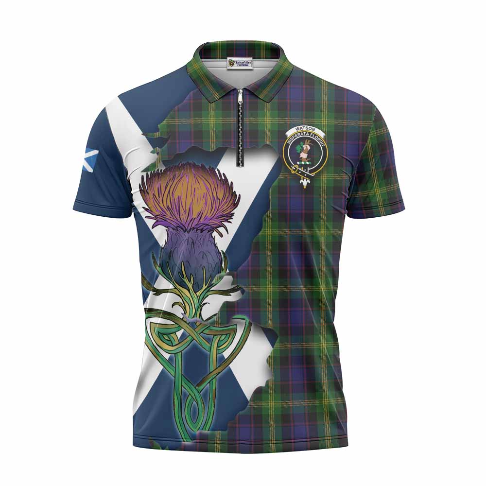 Tartan Vibes Clothing Watson Tartan Family Crest Zipper Polo Shirt Scottish Thistle Celtic Inspired