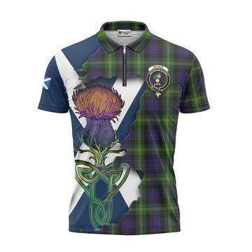 Watson Tartan Family Crest Zipper Polo Shirt Scottish Thistle Celtic Inspired