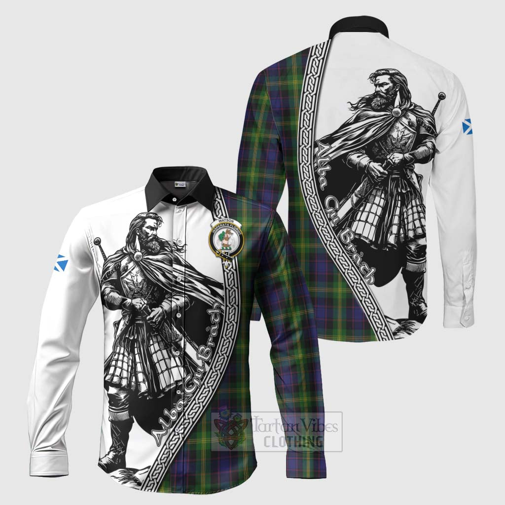 Tartan Vibes Clothing Watson Tartan Clan Crest Long Sleeve Button Shirt with Highlander Warrior Celtic Style