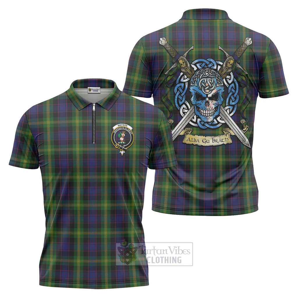 Tartan Vibes Clothing Watson Tartan Zipper Polo Shirt with Family Crest Celtic Skull Style