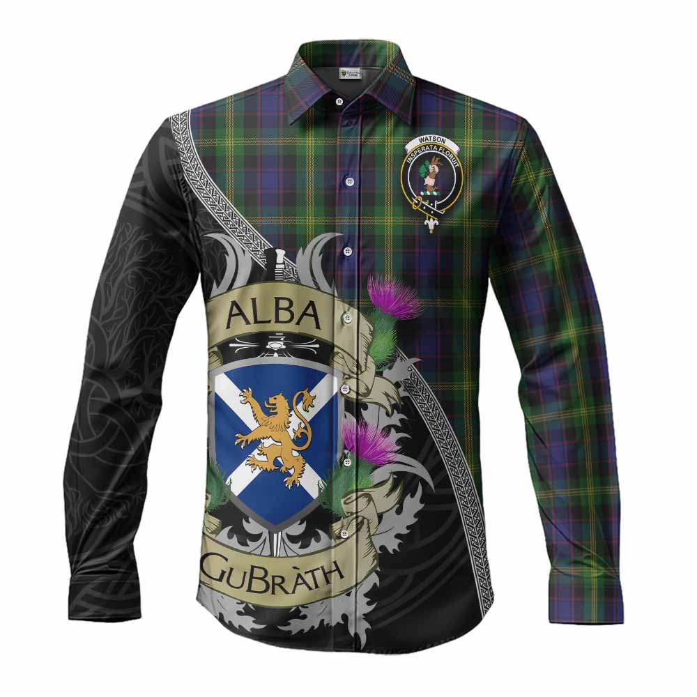 Tartan Vibes Clothing Watson Tartan Family Crest Long Sleeve Button Shirt Lion Rampant Royal Thistle Shield Celtic Inspired