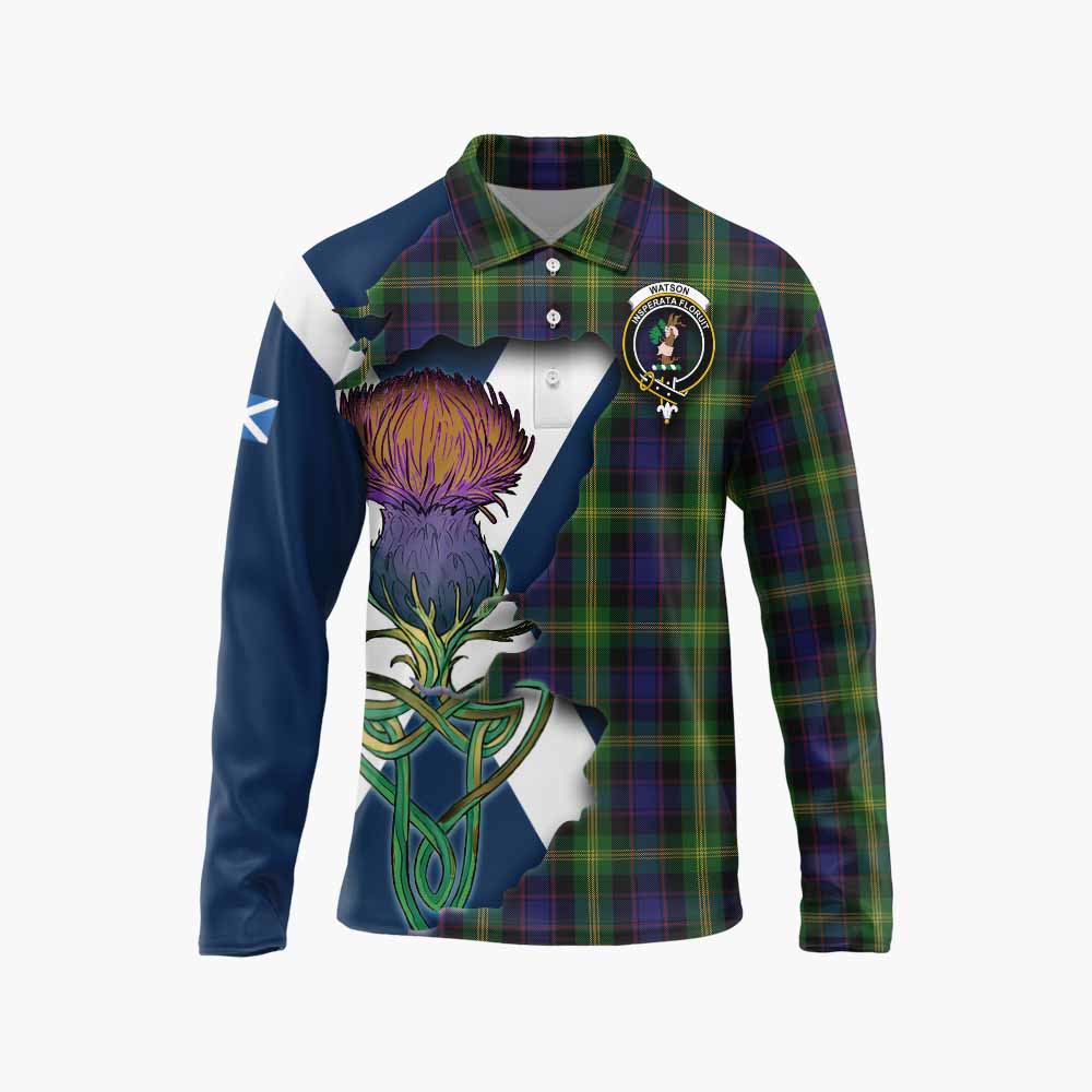 Tartan Vibes Clothing Watson Tartan Family Crest Long Sleeve Polo Shirt Scottish Thistle Celtic Inspired