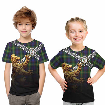 Watson Crest Tartan Kid T-Shirt with Golden Lion Emblem Celtic Style