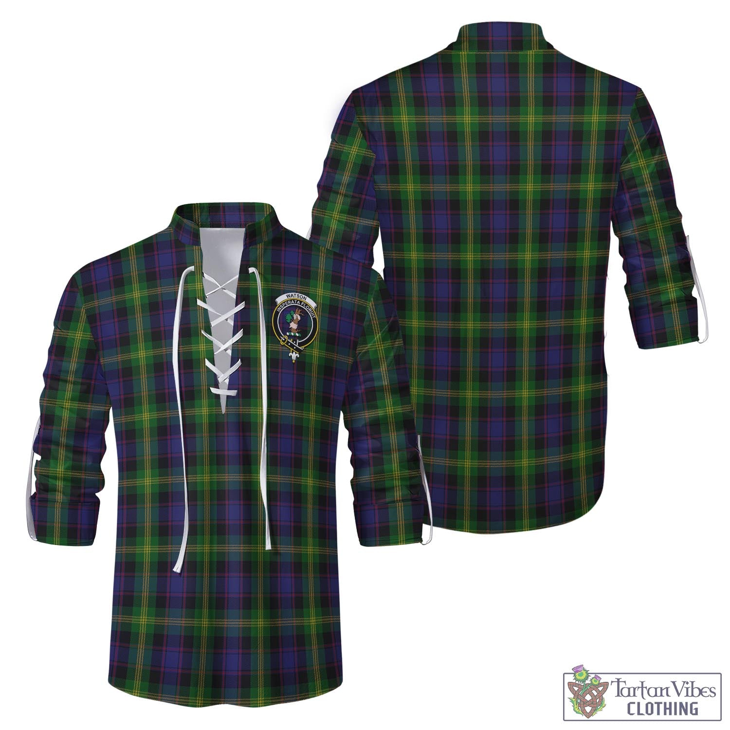 Tartan Vibes Clothing Watson Tartan Men's Scottish Traditional Jacobite Ghillie Kilt Shirt with Family Crest