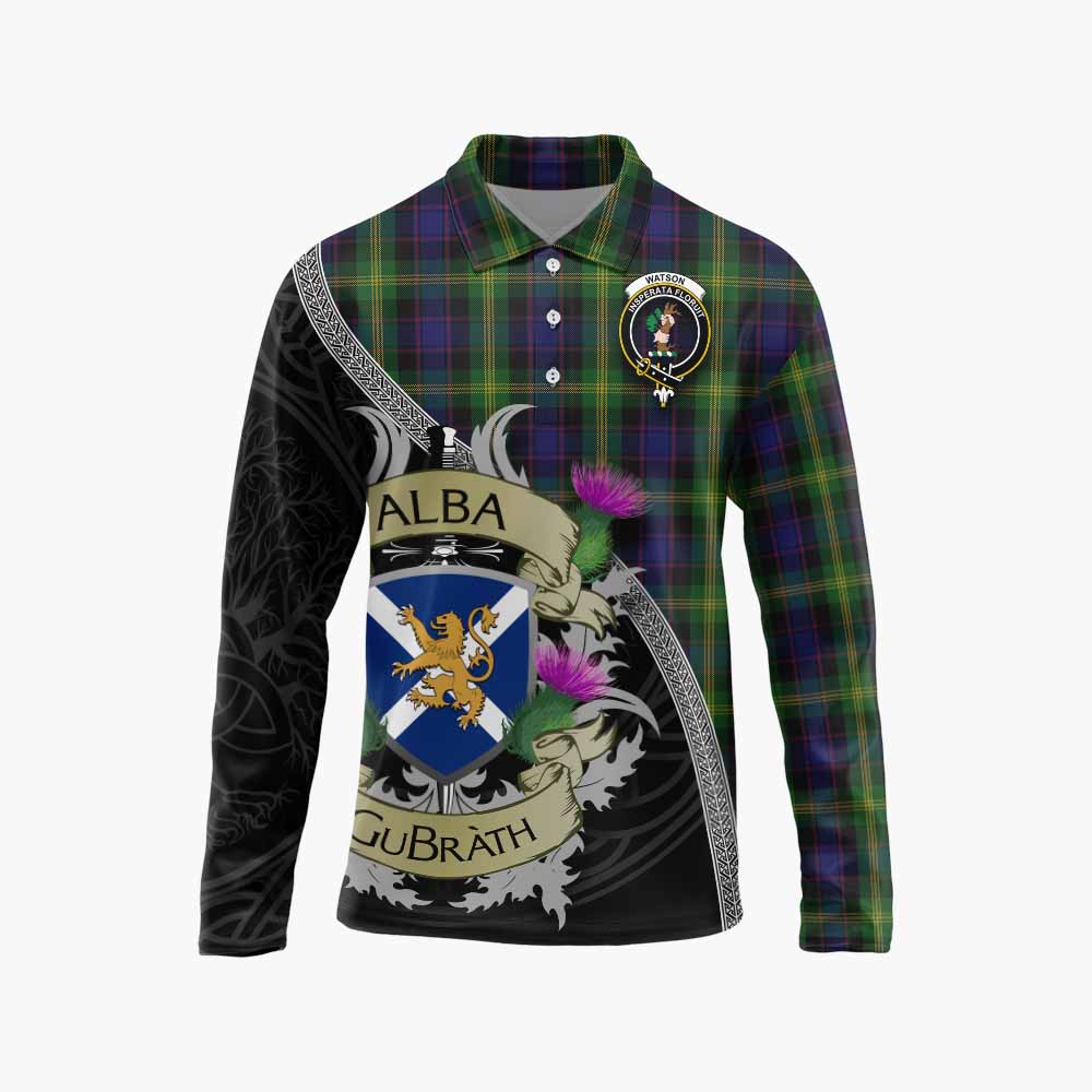 Tartan Vibes Clothing Watson Tartan Family Crest Long Sleeve Polo Shirt Lion Rampant Royal Thistle Shield Celtic Inspired