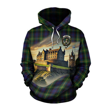 Watson Tartan Family Crest Cotton Hoodie with Scottish Ancient Castle Style