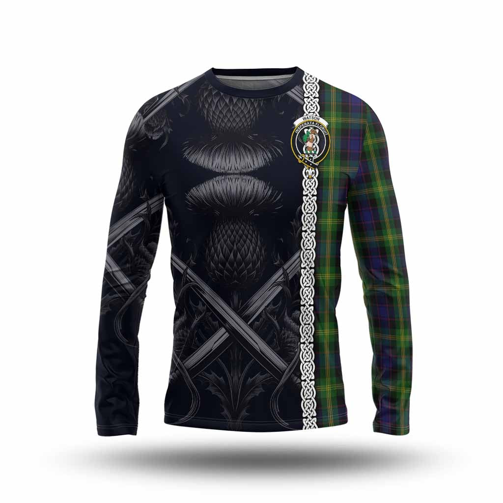 Tartan Vibes Clothing Watson Tartan Long Sleeve T-Shirt with Family Crest Cross Sword Thistle Celtic Vibes