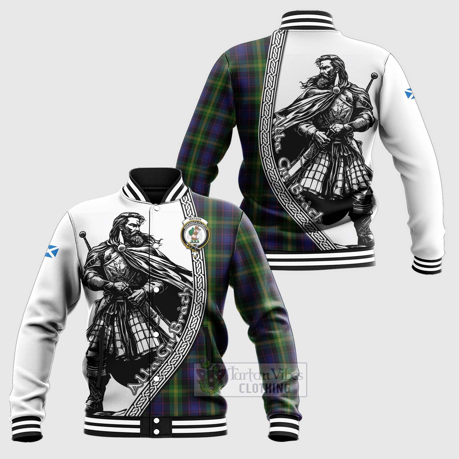 Tartan Vibes Clothing Watson Tartan Clan Crest Baseball Jacket with Highlander Warrior Celtic Style