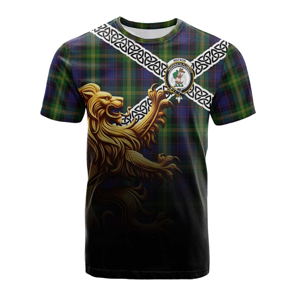Tartan Vibes Clothing Watson Crest Tartan Cotton T-shirt with Golden Lion Emblem Celtic Style
