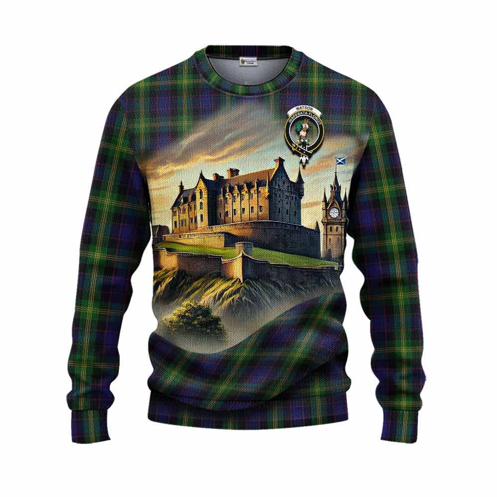 Tartan Vibes Clothing Watson Tartan Family Crest Knitted Sweater with Scottish Ancient Castle Style