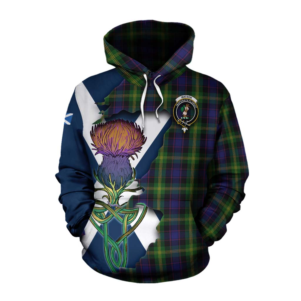 Tartan Vibes Clothing Watson Tartan Family Crest Cotton Hoodie Scottish Thistle Celtic Inspired