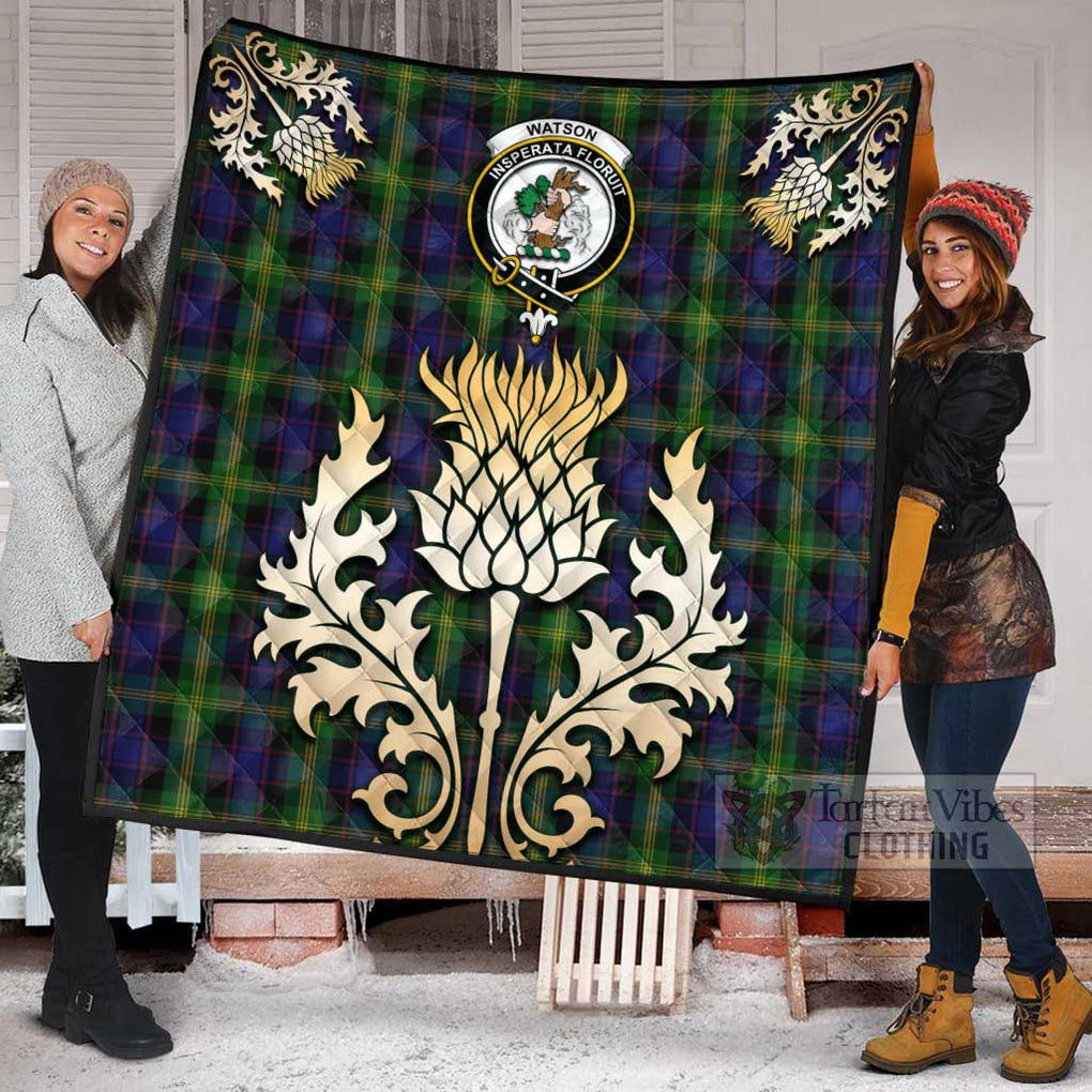 Watson Tartan Quilt with Family Crest and Golden Thistle Style Super King Quilt 91" x 110" - Tartan Vibes Clothing