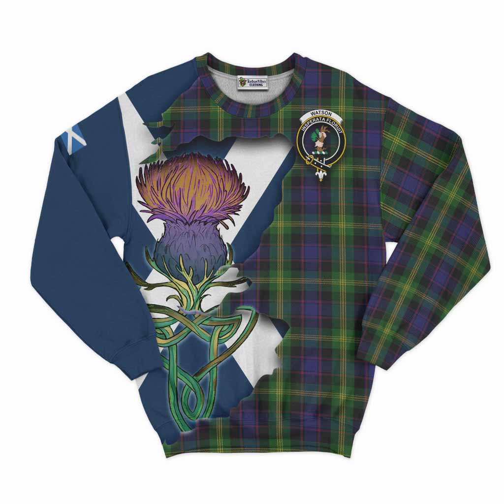 Tartan Vibes Clothing Watson Tartan Family Crest Sweatshirt Scottish Thistle Celtic Inspired