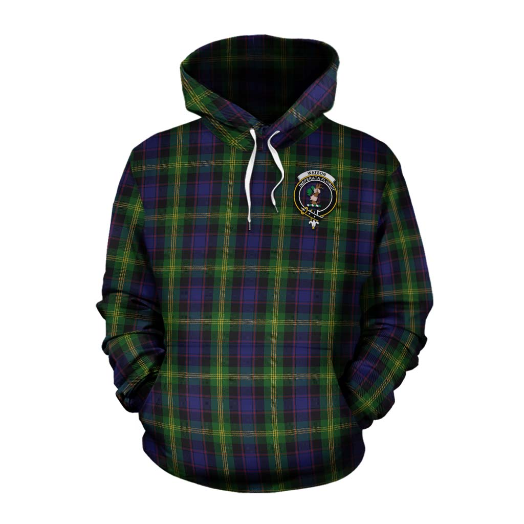 Tartan Vibes Clothing Watson Tartan Cotton Hoodie with Family Crest and Bearded Skull Holding Bottles of Whiskey