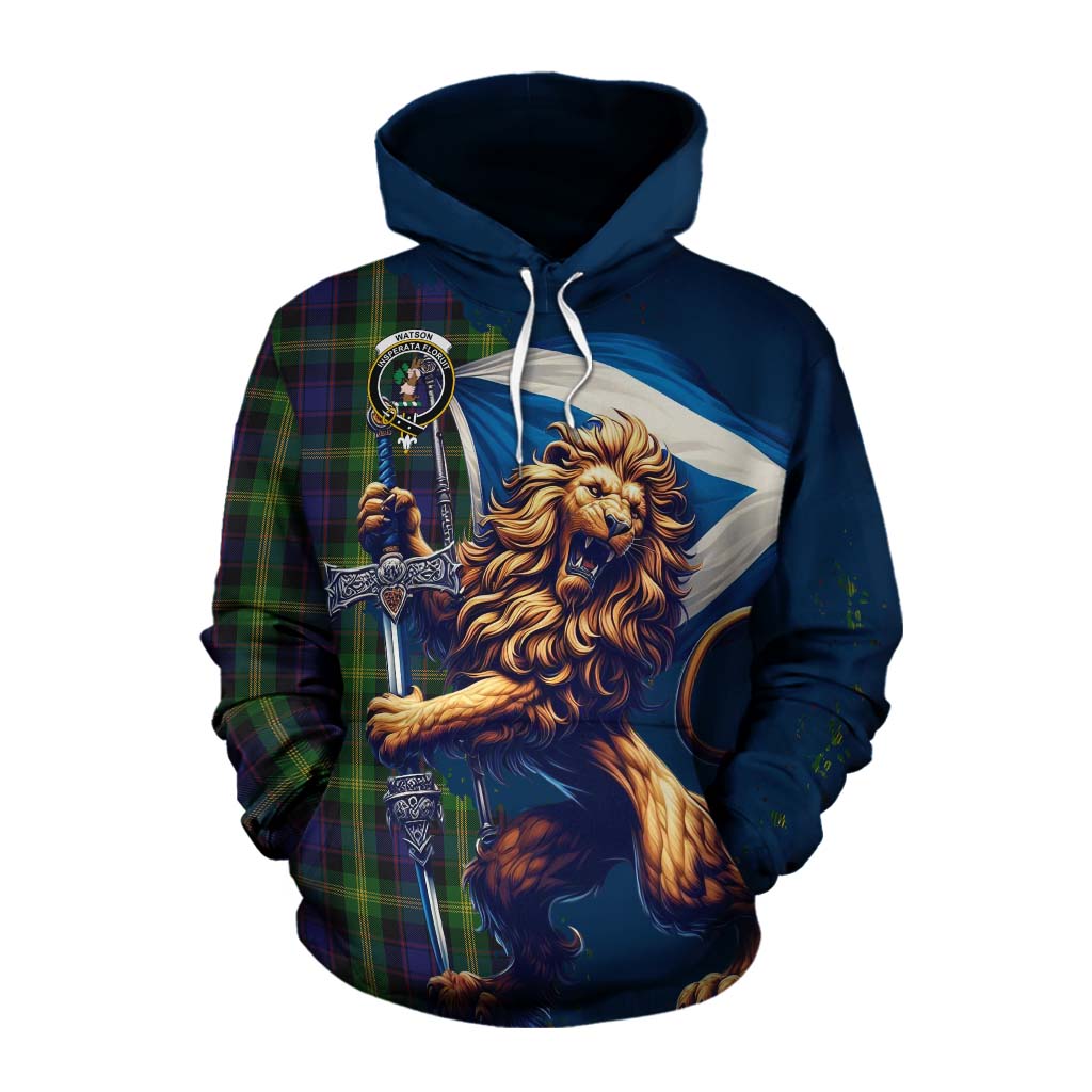 Tartan Vibes Clothing Watson Tartan Family Crest Cotton Hoodie with Scottish Majestic Lion