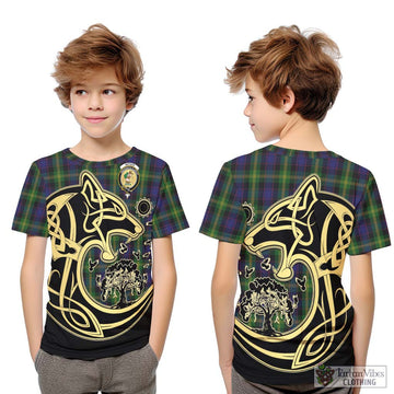 Watson Tartan Kid T-Shirt with Family Crest Celtic Wolf Style
