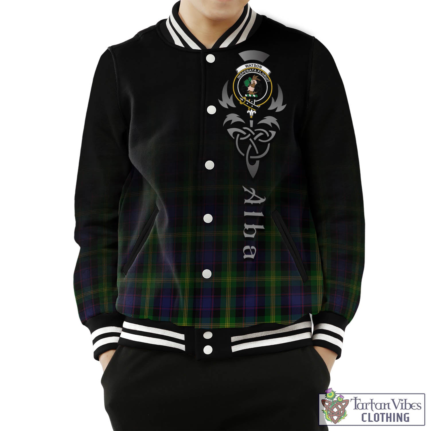 Tartan Vibes Clothing Watson Tartan Baseball Jacket Featuring Alba Gu Brath Family Crest Celtic Inspired