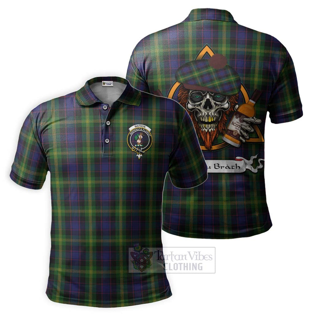 Tartan Vibes Clothing Watson Tartan Polo Shirt with Family Crest and Bearded Skull Holding Bottles of Whiskey