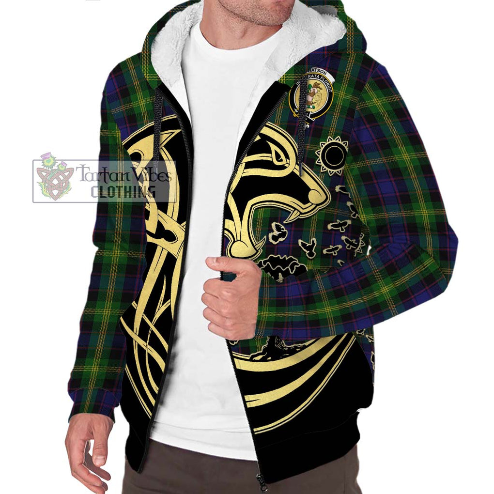 Watson Tartan Sherpa Hoodie with Family Crest Celtic Wolf Style Unisex S - Tartan Vibes Clothing