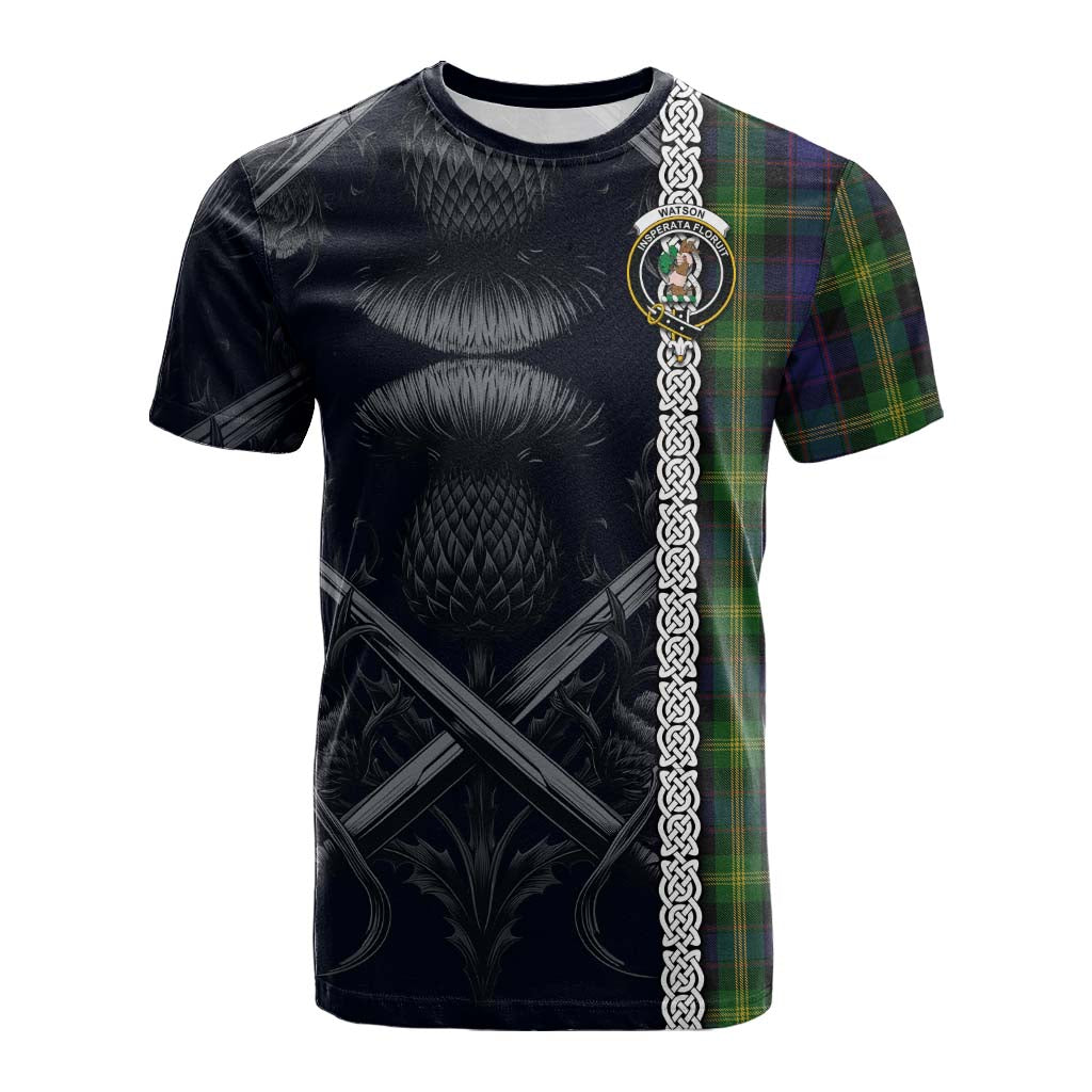 Tartan Vibes Clothing Watson Tartan Cotton T-shirt with Family Crest Cross Sword Thistle Celtic Vibes