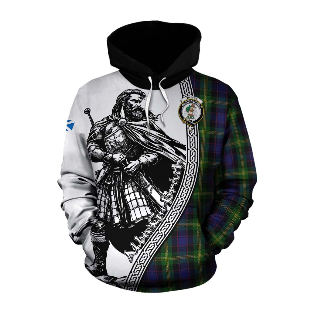 Watson Tartan Clan Crest Cotton Hoodie with Highlander Warrior Celtic Style Pullover Hoodie XS - Tartan Vibes Clothing