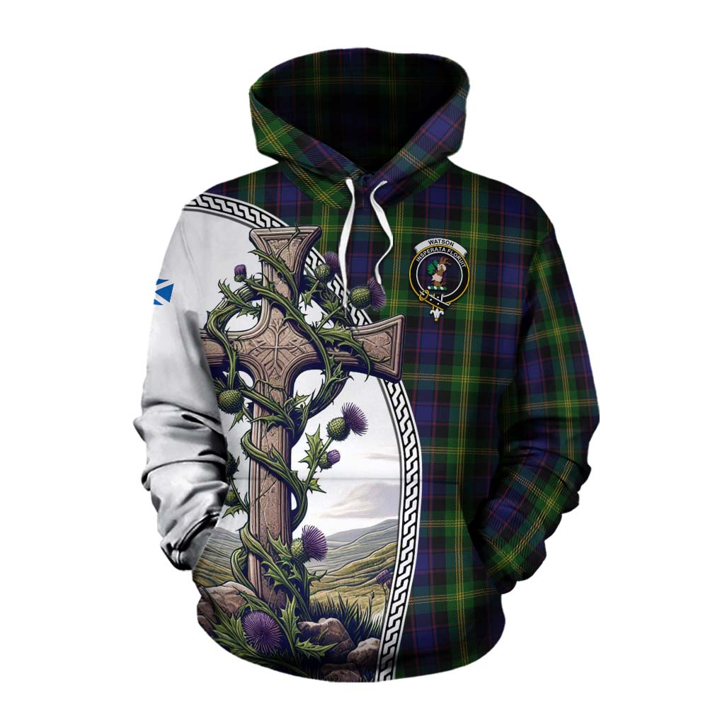 Tartan Vibes Clothing Watson Tartan Cotton Hoodie with Family Crest and St. Andrew's Cross Accented by Thistle Vines