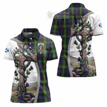 Watson Tartan Women's Polo Shirt with Family Crest and St. Andrew's Cross Accented by Thistle Vines