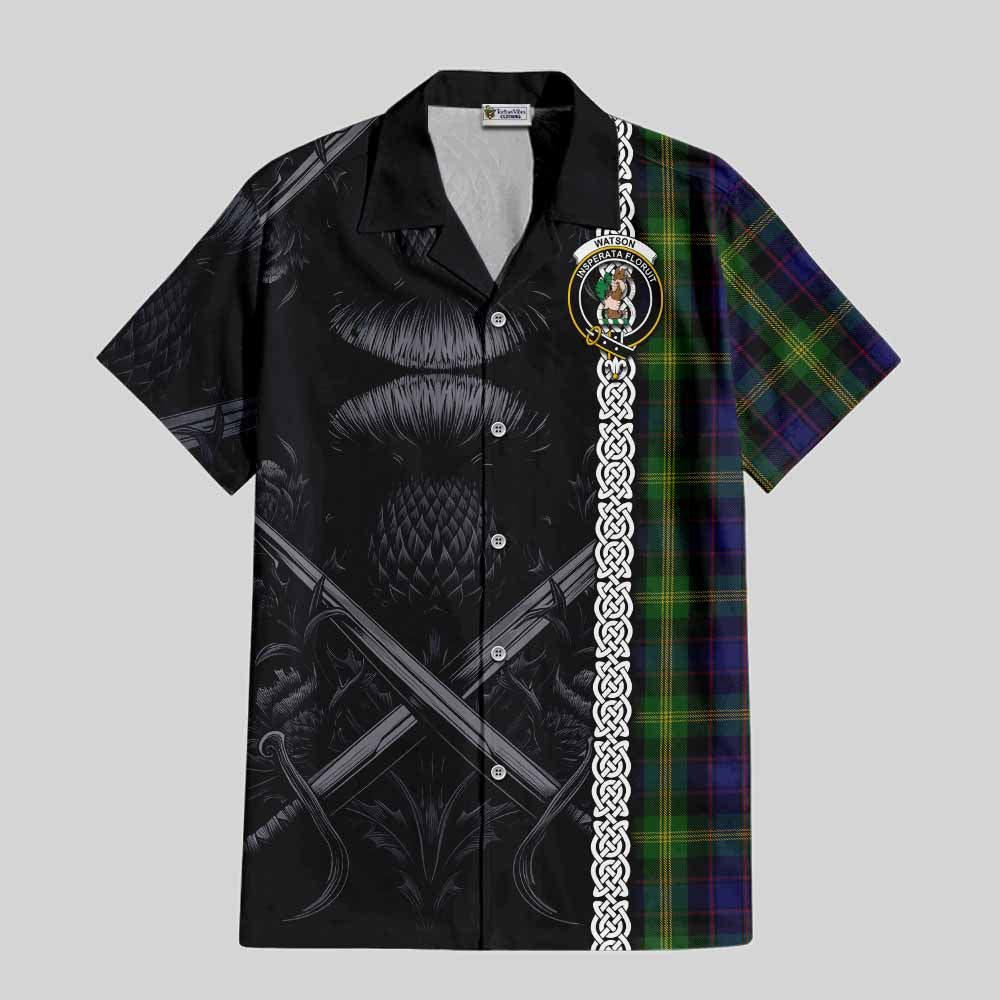 Tartan Vibes Clothing Watson Tartan Short Sleeve Button Shirt with Family Crest Cross Sword Thistle Celtic Vibes