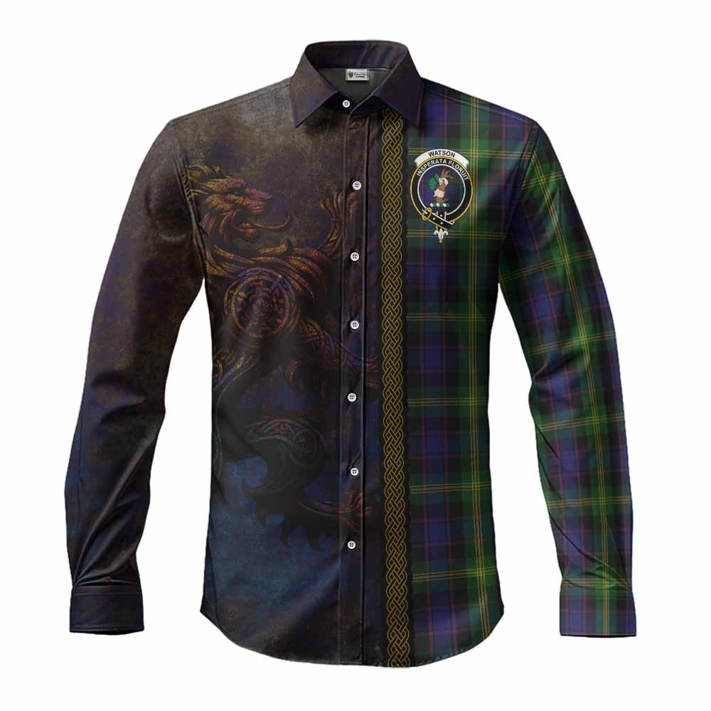 Tartan Vibes Clothing Watson Tartan Family Crest Long Sleeve Button Shirt Alba Gu Brath Be Brave Lion Ancient Style