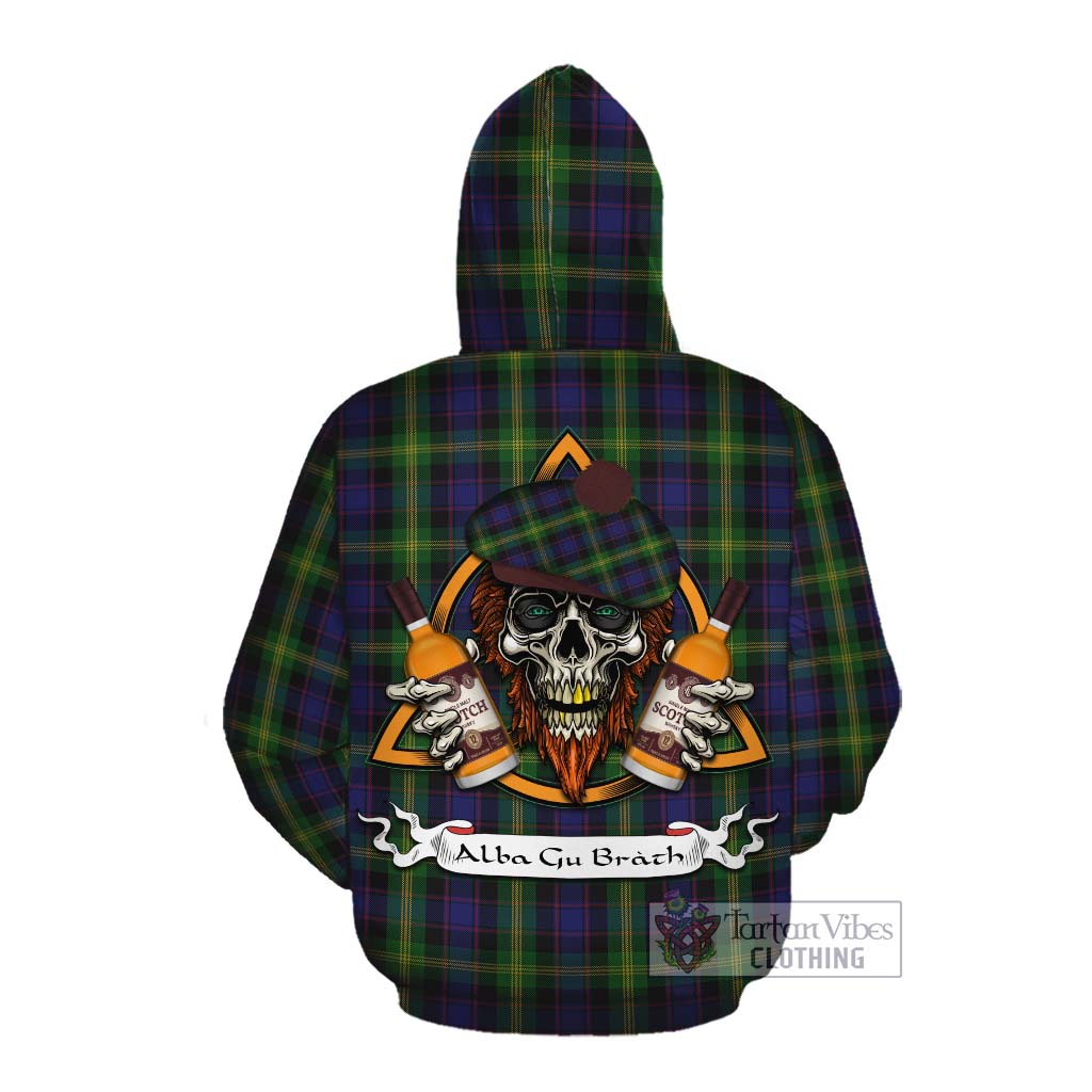 Tartan Vibes Clothing Watson Tartan Cotton Hoodie with Family Crest and Bearded Skull Holding Bottles of Whiskey
