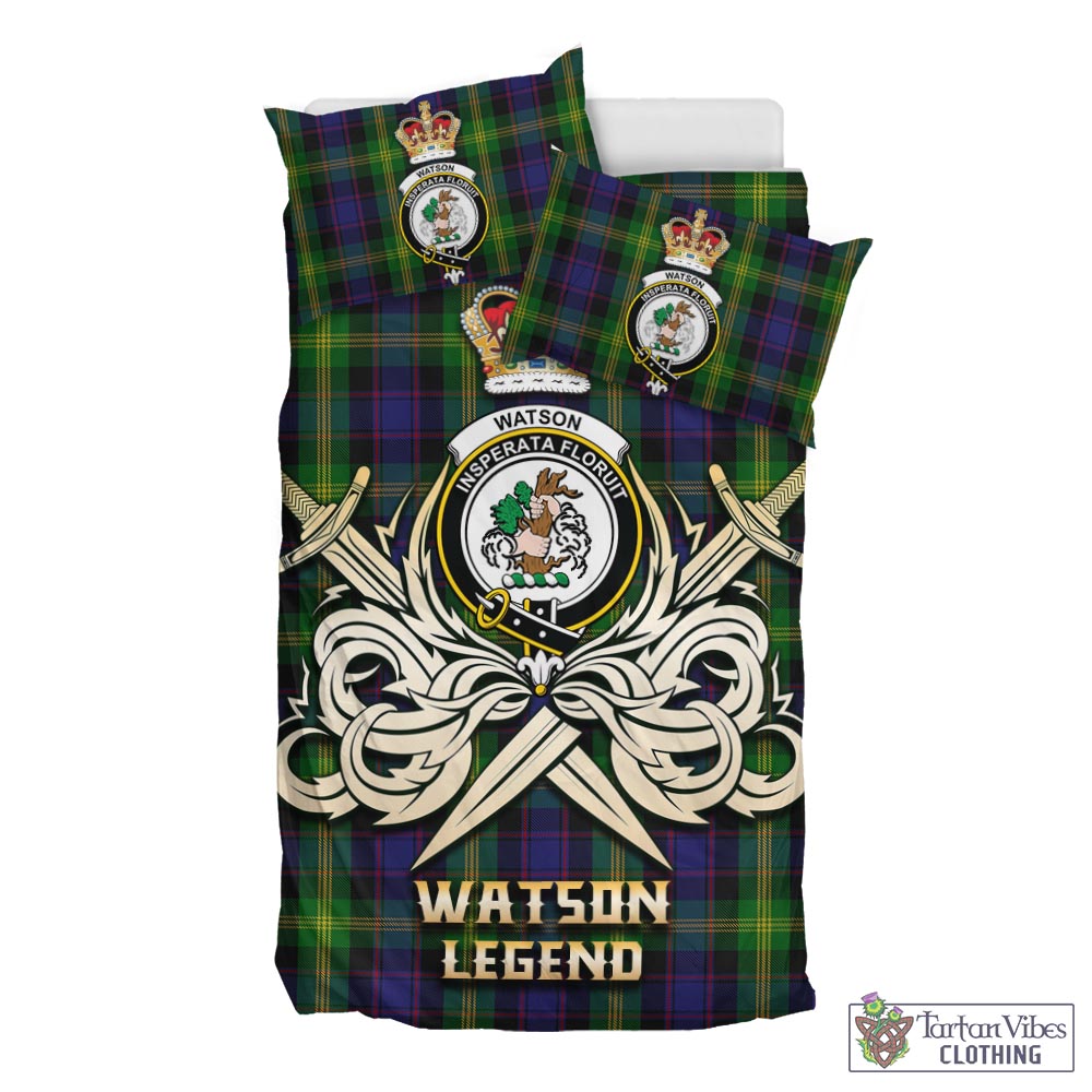 Tartan Vibes Clothing Watson Tartan Bedding Set with Clan Crest and the Golden Sword of Courageous Legacy
