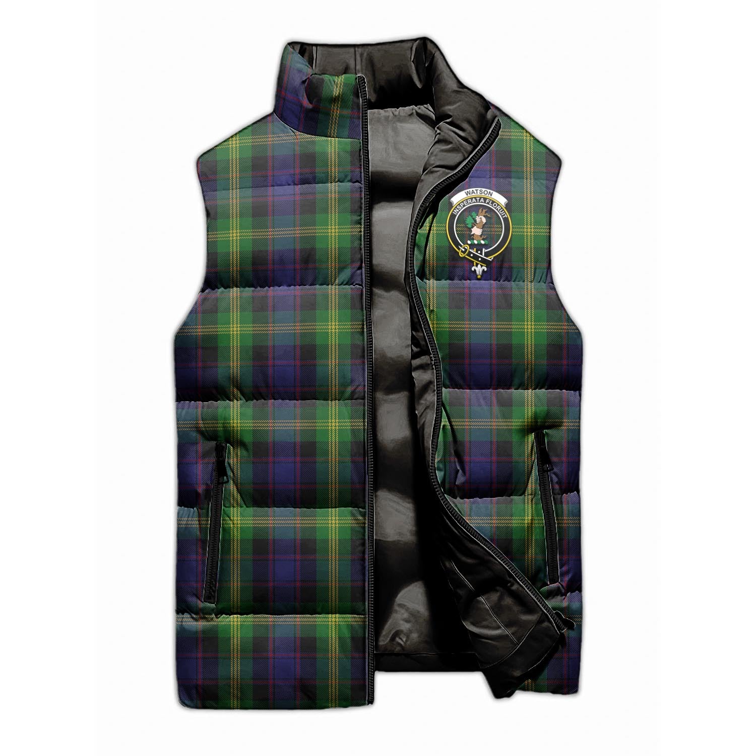 Watson Tartan Sleeveless Puffer Jacket with Family Crest - Tartanvibesclothing
