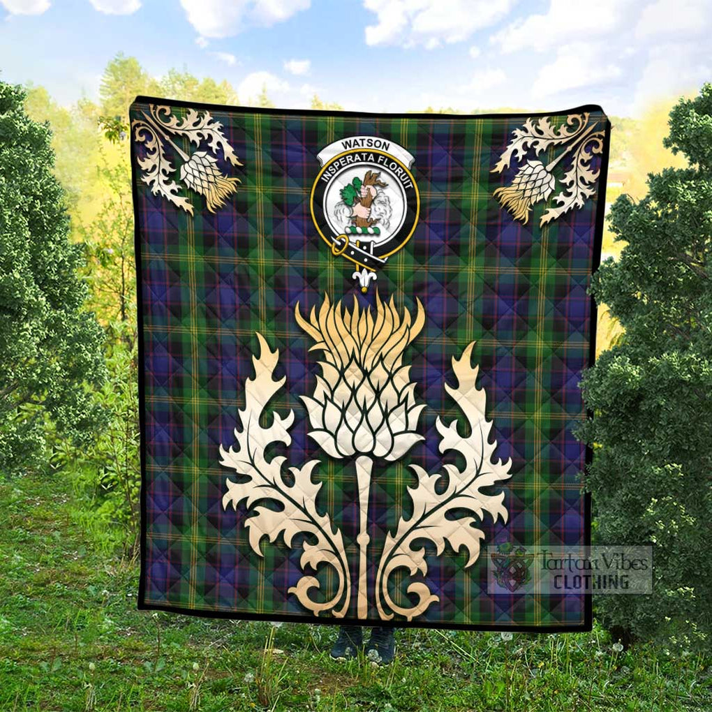 Watson Tartan Quilt with Family Crest and Golden Thistle Style - Tartan Vibes Clothing