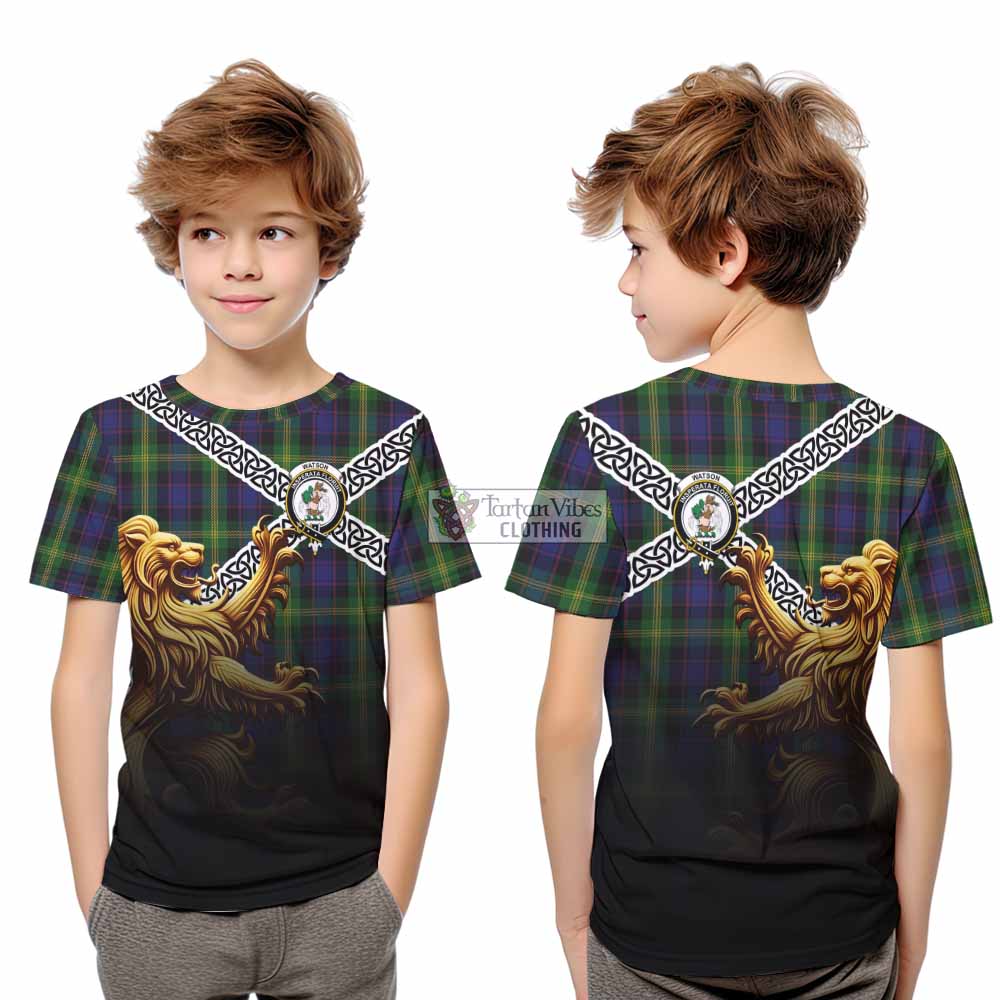 Tartan Vibes Clothing Watson Crest Tartan Kid T-Shirt with Golden Lion Emblem Celtic Style
