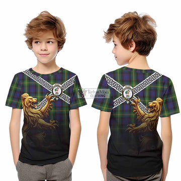 Watson Crest Tartan Kid T-Shirt with Golden Lion Emblem Celtic Style