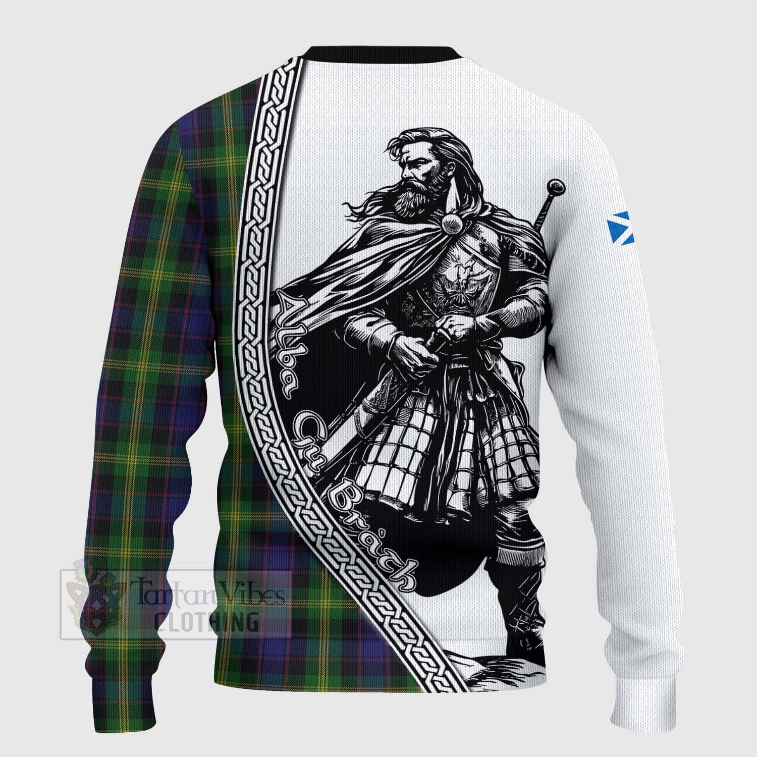 Tartan Vibes Clothing Watson Tartan Clan Crest Knitted Sweater with Highlander Warrior Celtic Style