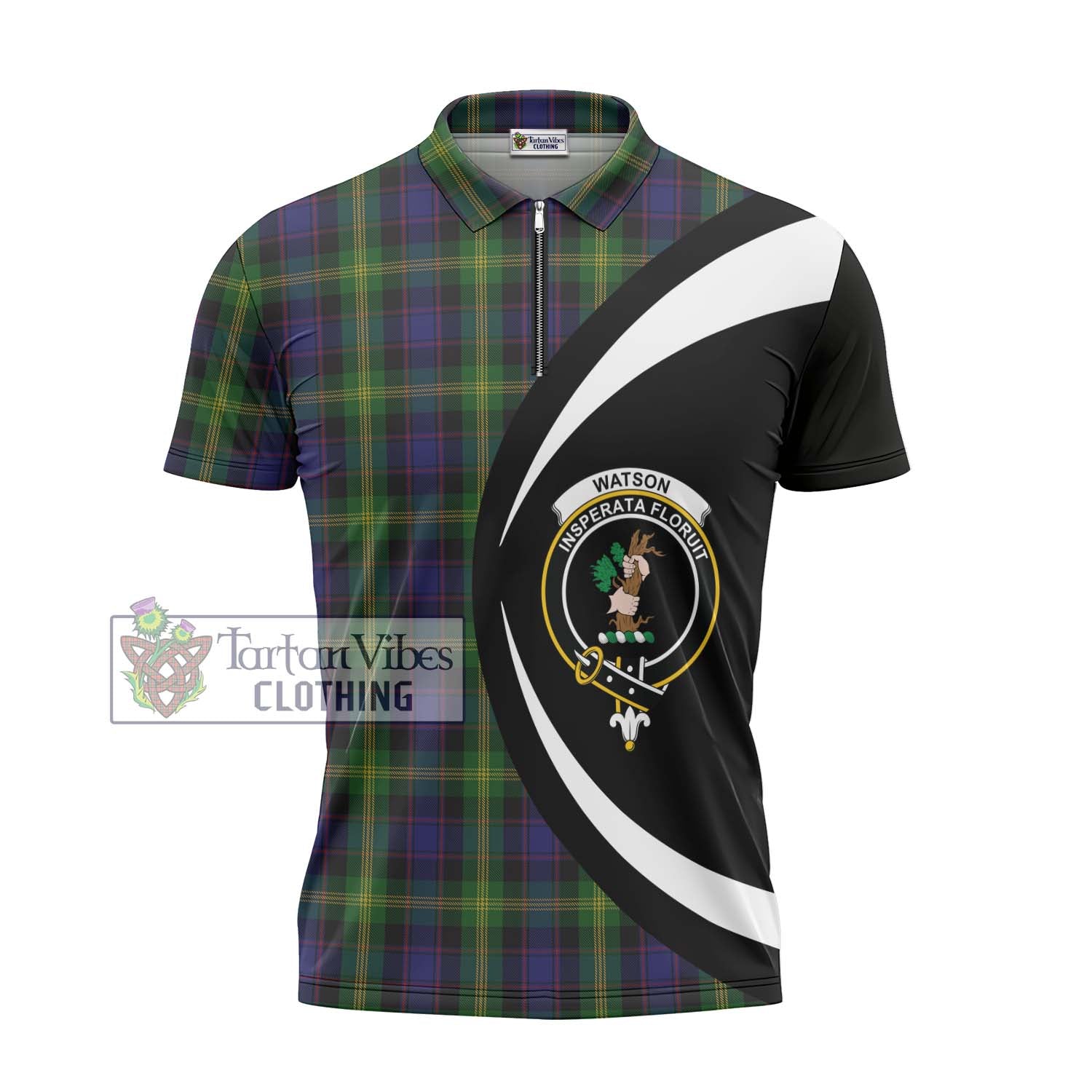 Watson Tartan Zipper Polo Shirt with Family Crest Circle Style - Tartan Vibes Clothing