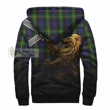Watson Crest Tartan Sherpa Hoodie with Golden Lion Emblem Celtic Style
