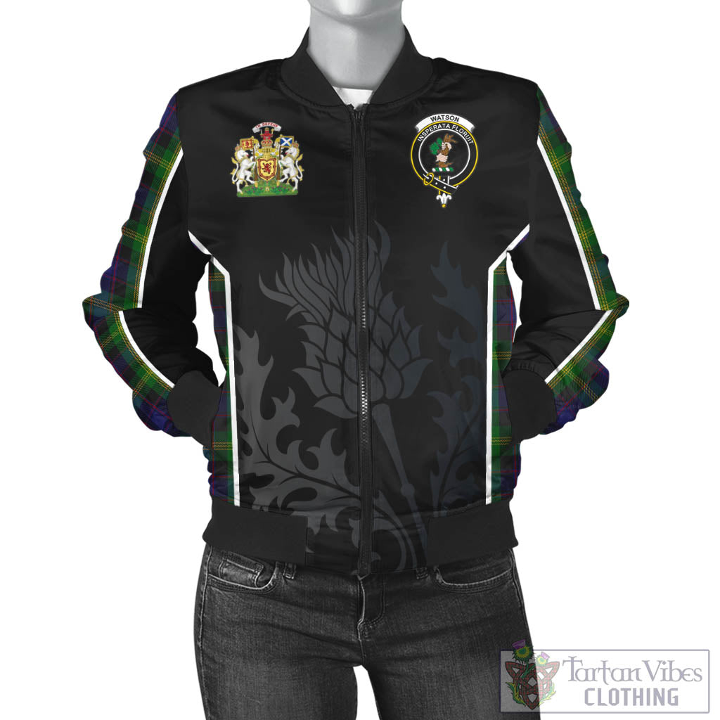 Tartan Vibes Clothing Watson Tartan Bomber Jacket with Family Crest and Scottish Thistle Vibes Sport Style