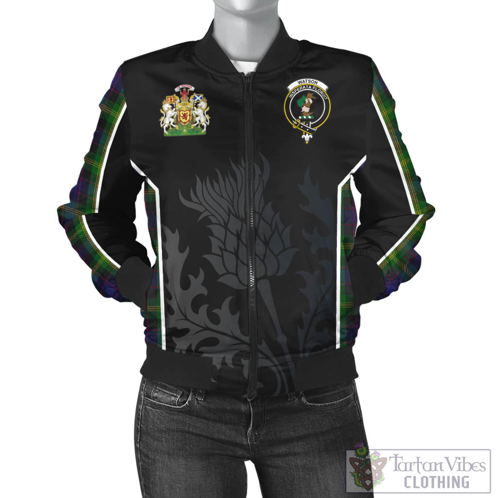 Tartan Vibes Clothing Watson Tartan Bomber Jacket with Family Crest and Scottish Thistle Vibes Sport Style